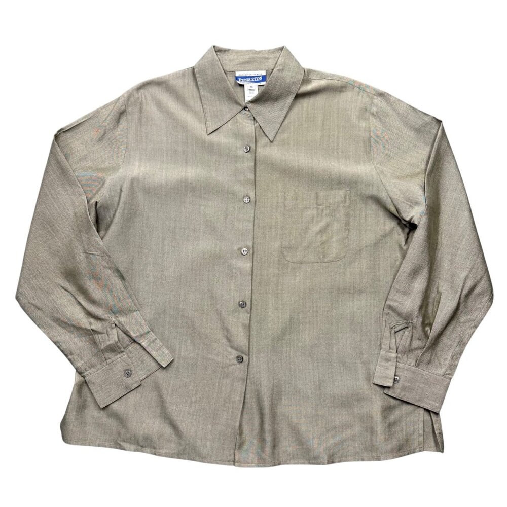 VTG Pendleton 100% Silk Button Up Blouse Women 16 Sage Green Normcore Minimalist